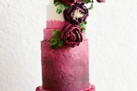 a unique wedding cake with marsala textural tiers and a color block one, with bold sugar and natural blooms is amazing for the fall