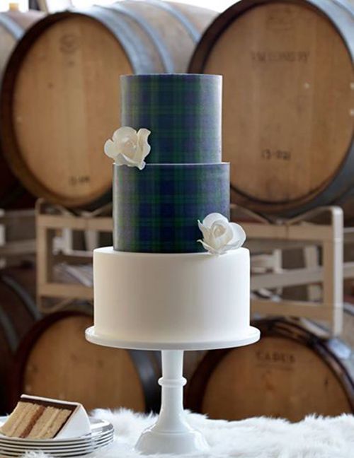 an elegant blue and green plaid wedding cake with a white layer for a contrast