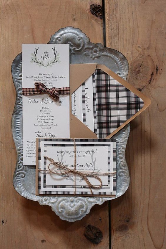 an elegant rustic plaid wedding invitation suite with twine and ribbons is a stylish and chic idea for a winter wedding