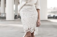 an off-white oversized sweater, an off white laser cut lace pencil skirt and blush heels