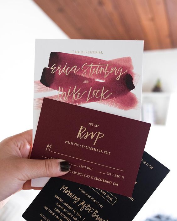 beautiful modern wedding invites in marsala, gold and black, with brushstrokes look very bold and cool