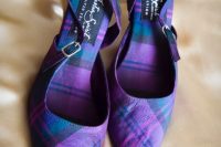 bold purple, teal and pink tartan slingbacks are a bright and daring statement in your bridal look