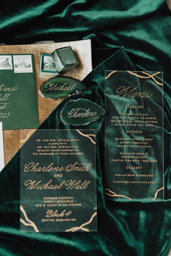 elegant and chic wedding invitation suite, with clear and gold leaf pieces and agate slices is amazing