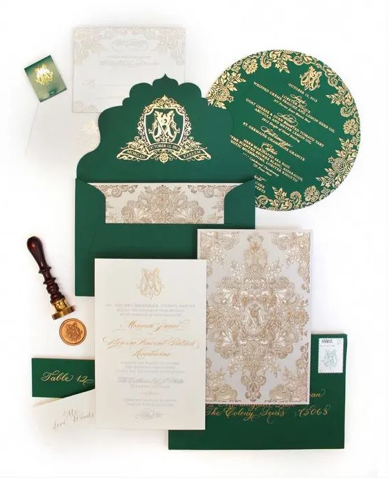 exquisite emerald and gold wedding invitation suite with patterns and beautifully cut edges