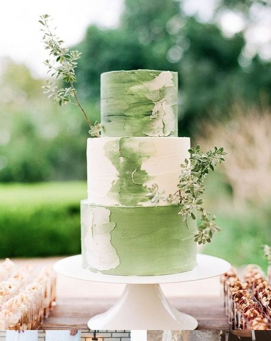 a beautiful botanical wedding cake with green watercolors and fresh greenery is a lovely idea for a spring or summer wedding