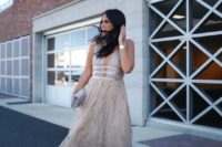 a glam look with a nude midi dress with sequins and rhinestones, a plunging neckline, nude shoes and a grey bag