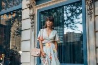 a light blue floral midi wrap dress, yellow platform shoes and a blush box bag for a bright look