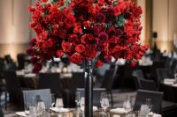 a lush and beautiful red rose wedding centerpiece with burgundy dahlias is a stunning idea for a Valentine’s Day