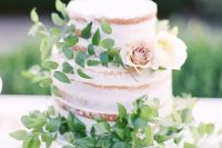 a naked cake with fresh foliage and a couple of neutral blooms for decor is a fresh and gorgeous idea for a spring wedding