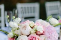 a tender blush, white and light pink floral centerpiece in a gold bowl is a chic and cute idea for Valentine weddings