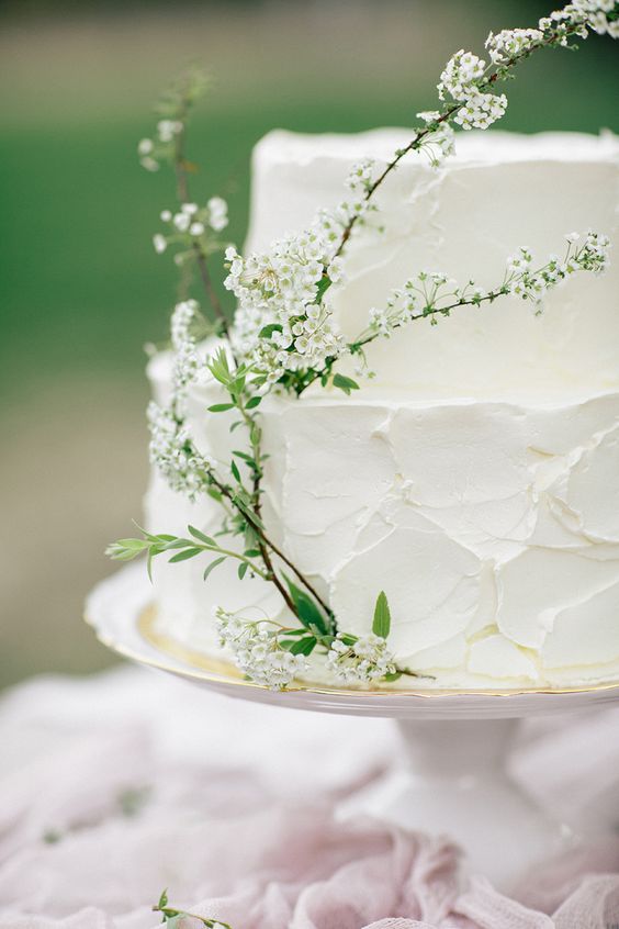 a white textural buttercream wedding cake decorated with white blooming branches is a lovely idea for a spring wedding