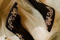 black suede wedding heels with gold embroidery and embellishments for a glam bride
