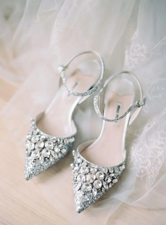 blue glitter statement embellished wedding shoes with ankle straps are a bold glam statement for a summer bride
