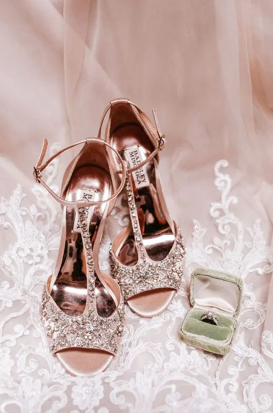 blush heavily embellished T strap wedding shoes with peep toes are amazing for a glam bridal look and will bring a soft touch of color