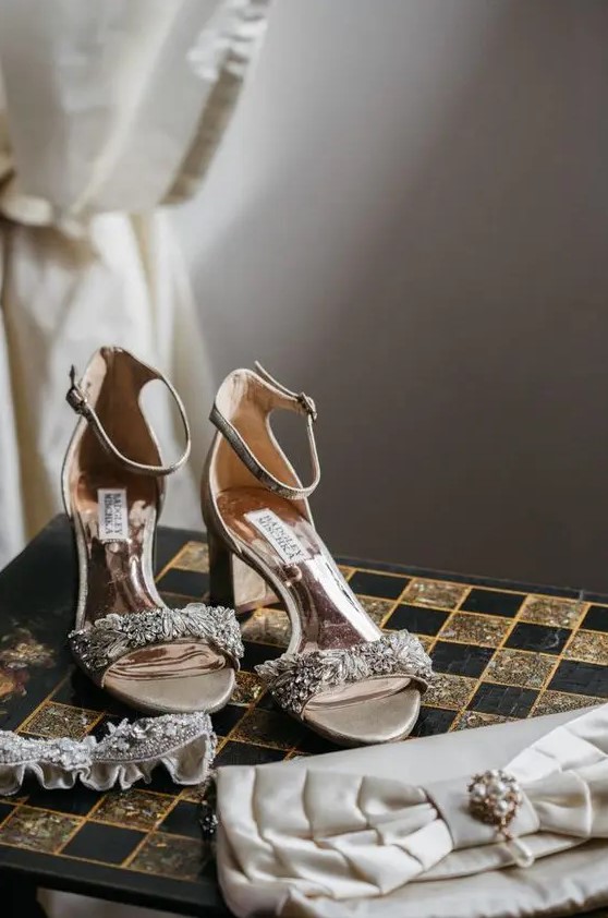 breathtaking heavily embellished ankle strap wedding shoes like these ones will add an elegant and refined touch to the outfit