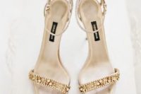 chic embellished gold heeled sandals with ankle straps are a gorgeous glam option