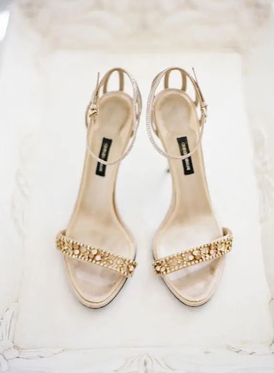 chic embellished gold heeled sandals with ankle straps are a gorgeous glam option