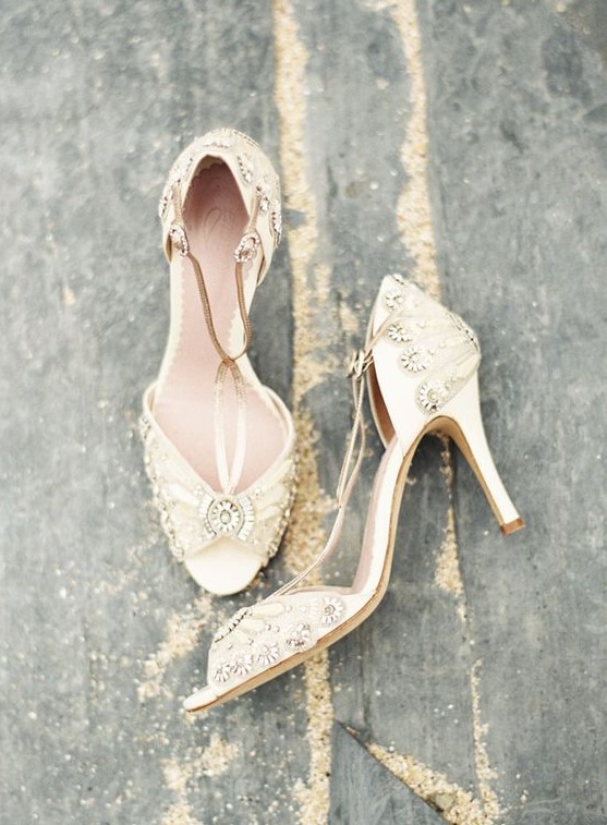 chic gold embellished wedding shoes with metallic straps and peep toes look very shiny and very glam