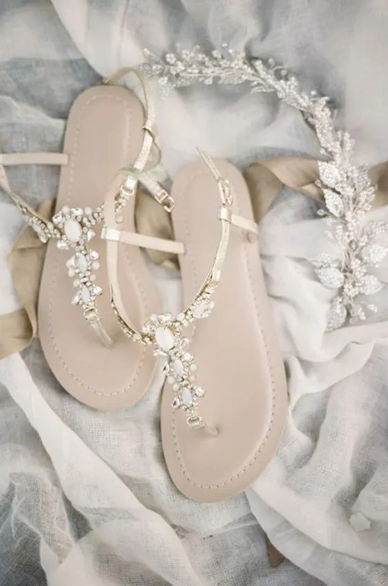 delicate embellished flat sandals are nice for wearing at a beach or in the garden