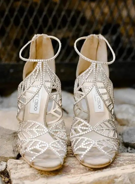 fully embellished strappy heels with leafy parts look wow and strike at once, perfect for a summer or fall wedding