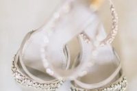 grey wedding shoes with embellishments and embellished ankle straps are amazing for a glam and cool look