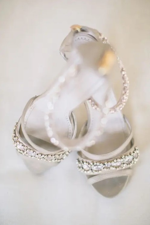 grey wedding shoes with embellishments and embellished ankle straps are amazing for a glam and cool look