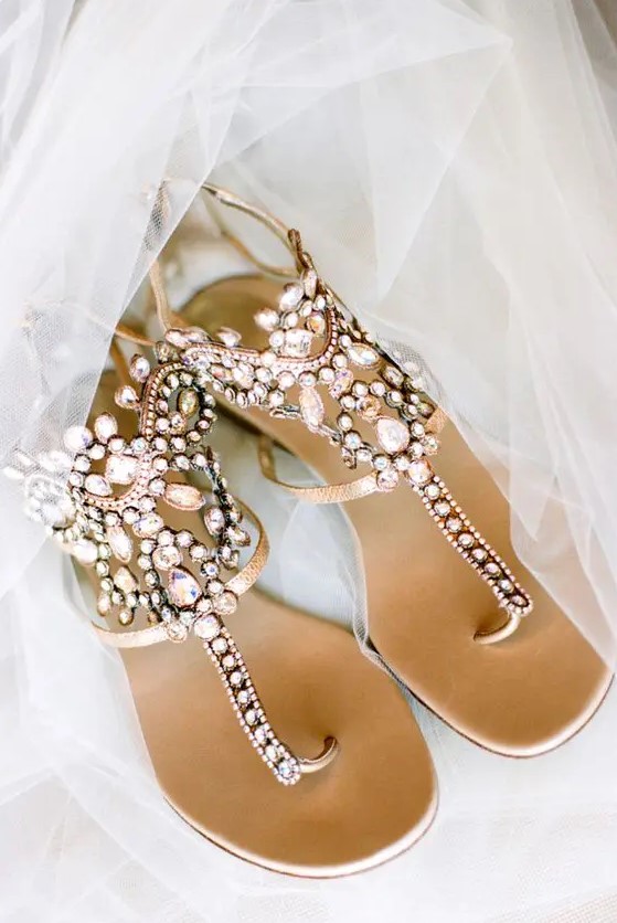 heavily embellished gladiator sandals are nice for a beach wedding or just for comfortable wearing