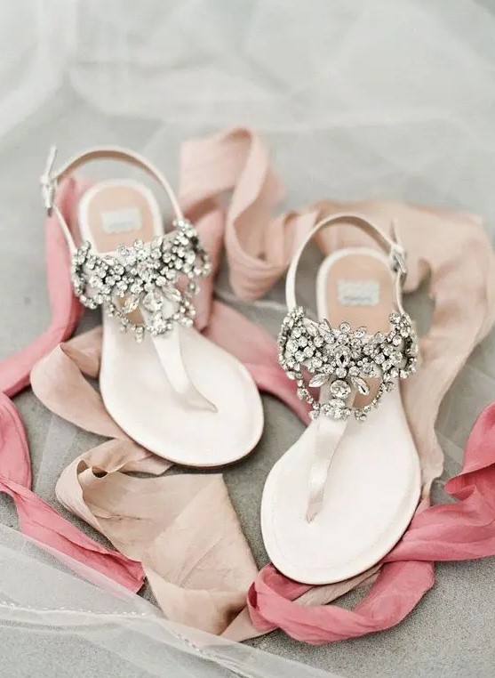 jeweled flat sandals are amazing for wearing for a summer wedding not to get hot