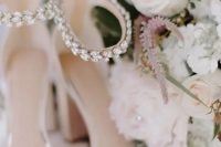 neutral embellished ankle strap heeled wedding sandals are amazing for a spring or summer bridal outfit and will make you shine