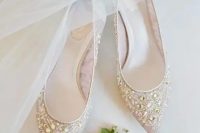 nude pointed toe heavily embellished flats are a chic option for any wedding, they will provide comfort if you are used to wearing heels