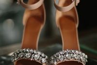 tan heavily embellished heeled sandals for adding a shiny touch to a summer bridal look