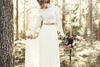 a boho bridal separate with a plain skirt and a lace crop top with long sleeves plus a high neckline