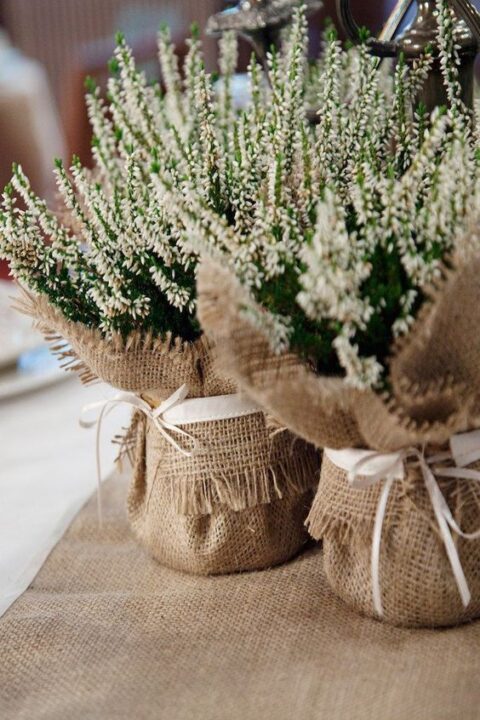 a country wedding centerpiece of astilbe wrapped in burlap, with ribbon bows is amazing for a rustic wedding