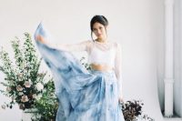 a gorgeous bridal separate of w white lace top and a watercolor blue maxi skirt for a modern bride