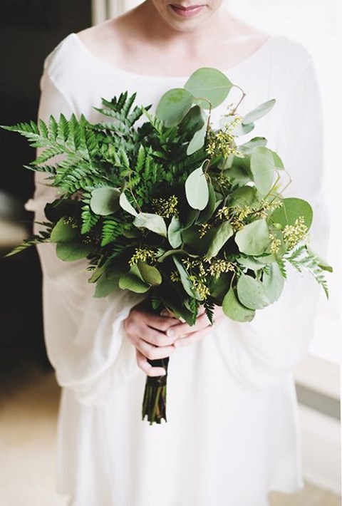 a greenery wedding bouquet of eucalyptus and fern is casual, chic and very elegant, it works for any bride