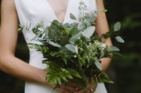a greenery wedding bouquet with ferns and eucalyptus is a cool idea for a modern or minimalist bride