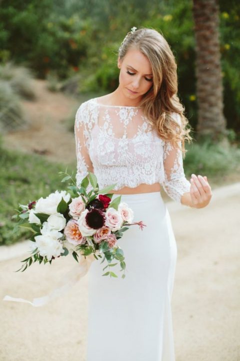 a lace crop top with long sleeves and a plain pencil skirt to create a chic and romantic look