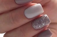 a mauve and white manicure with an accent glitter and polka dot nail looks glam and stylish