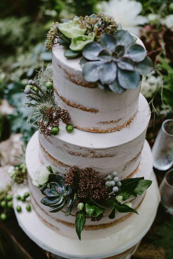 a multi-tier naked wedding cake decorated with succulents, thistles and foliage is a great idea for a woodland wedding