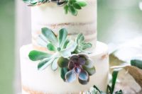 a naked wedding cake decorated with succulents is a rustic idea for a modern wedding, it’s pretty and cool and you can add succulents yourself
