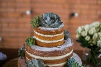 a naked wedding cake decorated with various succulents is classics for a laid-back or rustic wedding, such a combo always looks good