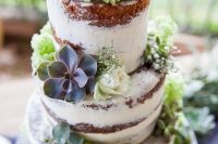 a naked wedding cake with white and green blooms, greenery and succulents is a lovely idea for a relaxed or laid-back wedding