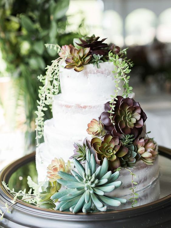 a semi-naked wedding cake decorated with lots of various succulents, with greenery is a very cool and spectacular idea to rock