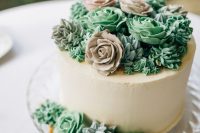 a tan buttercream wedding cake topped with brown and green sugar succulents is a lovely idea for a spring or summer wedding, everything here is edible