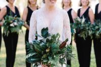 a textural greenery wedding bouquet including ferns, cascading elements and some magnolia leaves