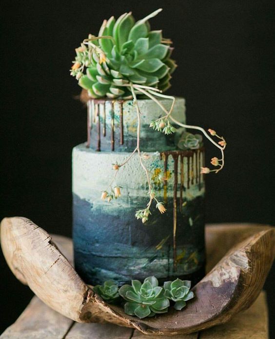 a unique painted watercolor wedding cake done in light green and navy, with real succulents blooming is a fantastic idea for a coastal wedding