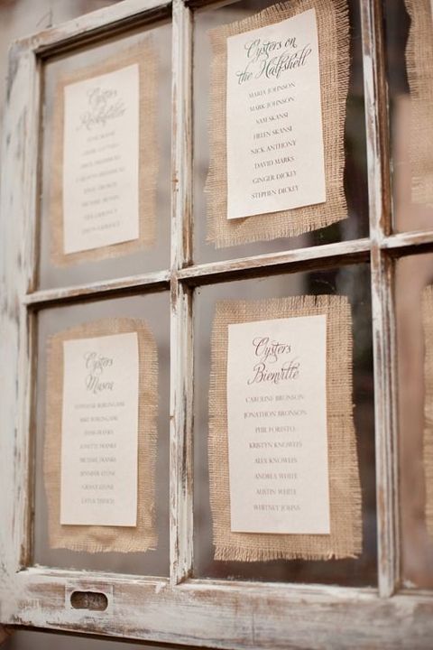 a wedding seating chart done with an old window frame, with burlap and seating papers