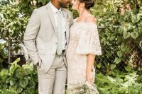 an off the shoulder lace sheath wedding dress with a train is a beautiful idea for a romantic garden bride or a boho one