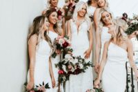 classic one shoulder plain white maxi bridesmaid dresses with slits are amazing for a modern wedding