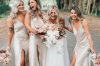comfy and cool white slip midi bridesmaid dresses with front slits and V-necklines plus nude heels for a spring or summer wedding